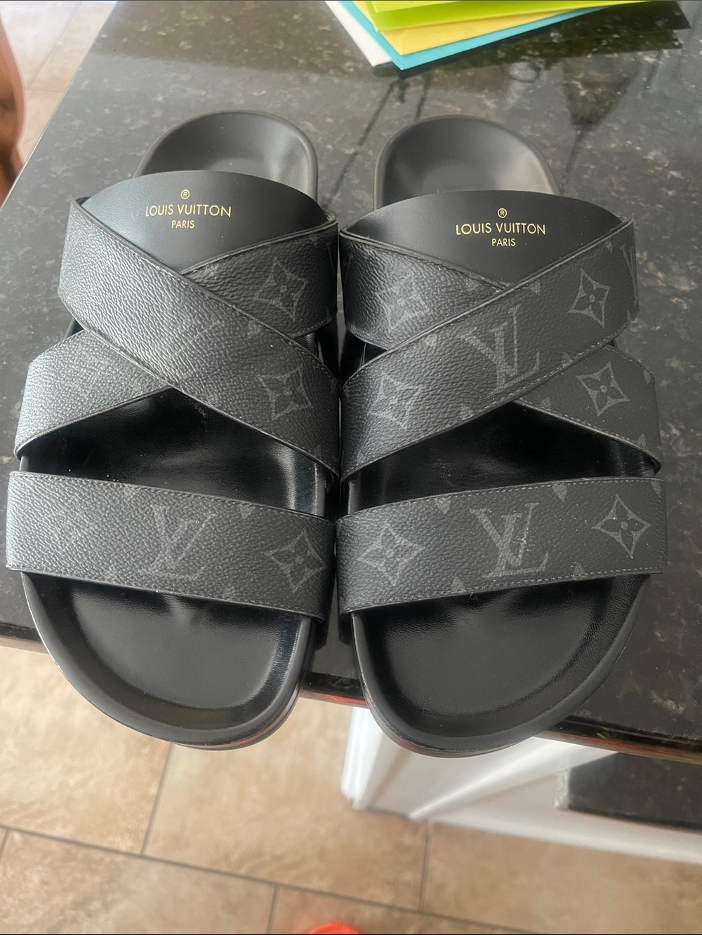 Louis Vuitton Black Leather Slide Sandals
